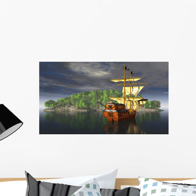 Pirate Ship with Pirates Wall Mural shown on a wall