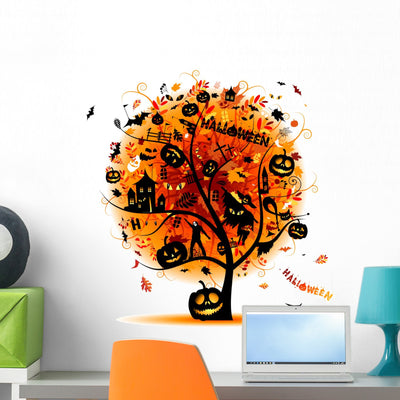 Halloween Night Tree Wall Decal shown on a wall