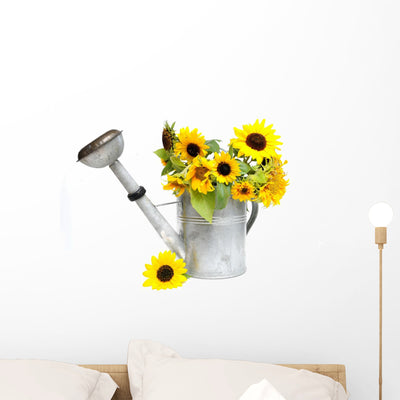 Sunflowers Watering Can Wall Decal shown on a wall