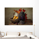 Autumn still life with kerosene lamp and corn in wicker basket Wall Mural