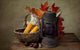 Autumn still life with kerosene lamp and corn in wicker basket Wall Mural