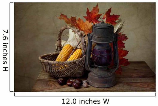 Autumn still life with kerosene lamp and corn in wicker basket Wall Mural