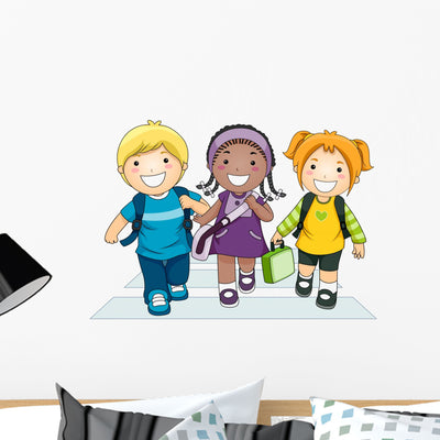 Kids Going to School Wall Decal shown on a wall