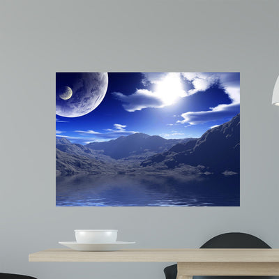 Colorful Space Landscape Wall Mural shown on a wall