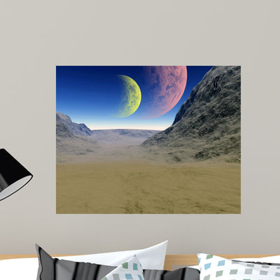 Colorful Space Landscape Wall Mural shown on a wall
