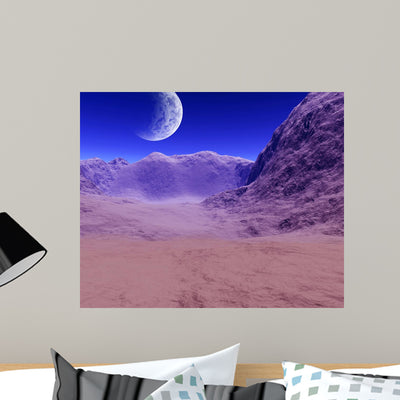 Colorful Space Landscape Wall Mural shown on a wall