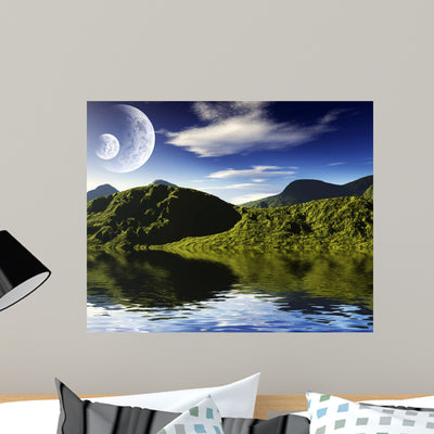 Colorful Space Landscape Wall Mural shown on a wall