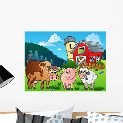 Three Farm Animals near Wall Mural shown on a wall