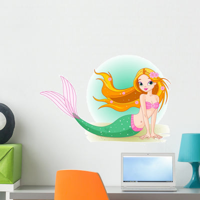 Mermaid Girl Wall Decal shown on a wall
