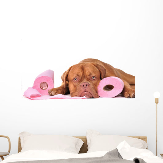 Puppy with two rolls of toilet paper Wall Decal