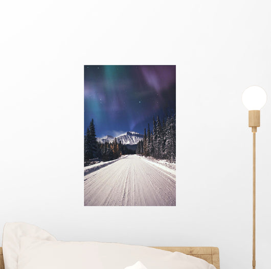 Northern Lights Over A Snowy Road Wall Mural