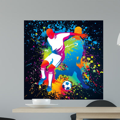 Football Players with Soccer shown on a wall