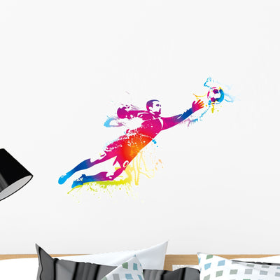 Football Goalkeeper Catches Ball Wall Decal shown on a wall