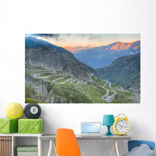 Old road with tight serpentines  of the St. Gotthard pass Wall Mural
