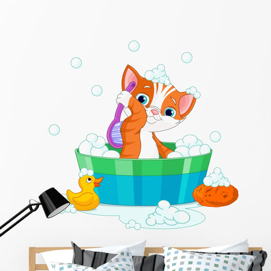 Grooming bathing Cat Wall Decal