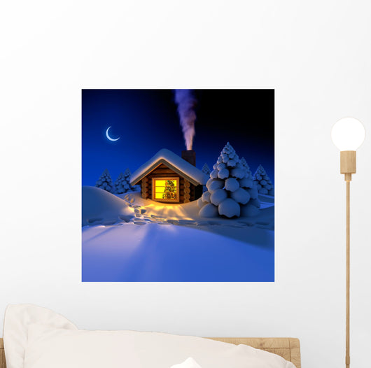 A small cottage in the fairy forest in snowy New Year's Eve Wall Mural