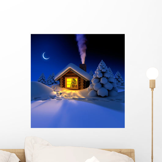 A small cottage in the fairy forest in snowy New Year's Eve Wall Mural