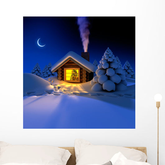 A small cottage in the fairy forest in snowy New Year's Eve Wall Mural