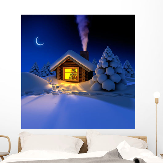 A small cottage in the fairy forest in snowy New Year's Eve Wall Mural