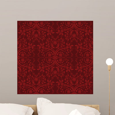 Seamless Red Floral Wallpaper Wall Decal shown on a wall