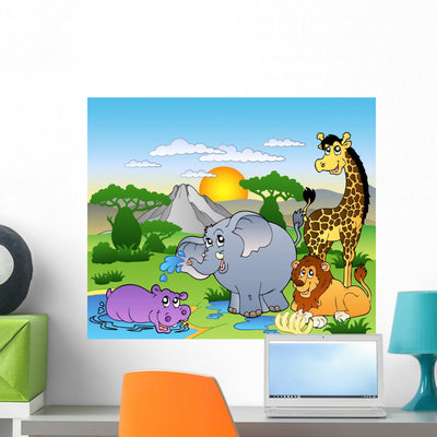 African Landscape with Four Wall Mural shown on a wall