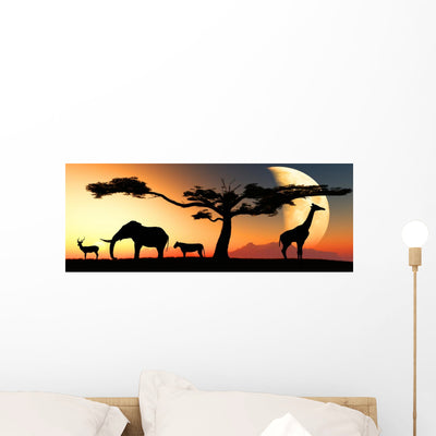 Silhouetted African Animals Wall Mural Panoramic shown on a wall