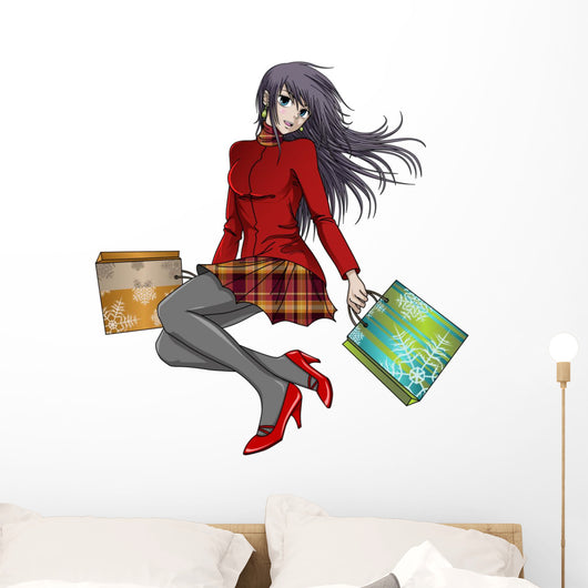 Shopping Girl in Christmas - Anime Style Wall Decal