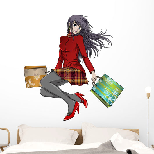 Shopping Girl in Christmas - Anime Style Wall Decal