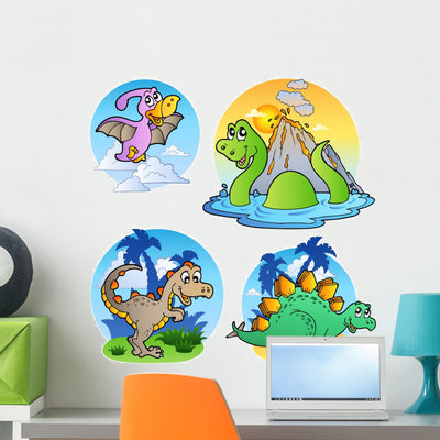Four Cartoon Dinosaurs Wall Stickers shown on a wall