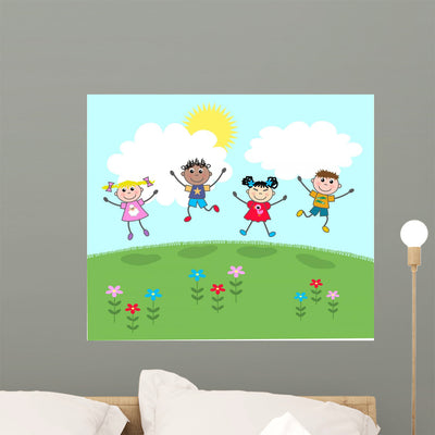 Happy Jumping Mixed Kids Wall Mural shown on a wall
