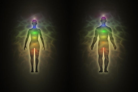 Woman and man silhouette with aura, chakras, energy Wall Mural