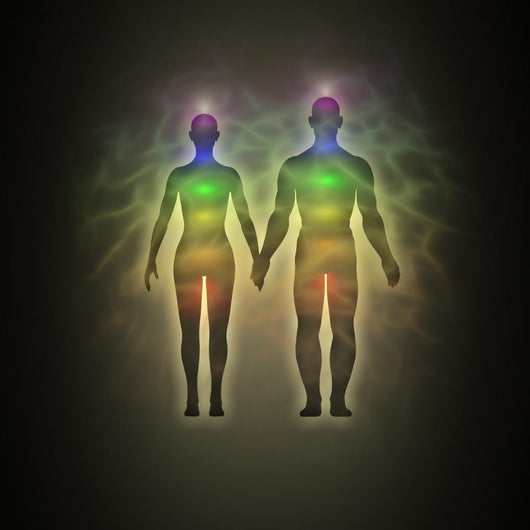 Woman and man silhouette with aura, chakras, energy Wall Mural