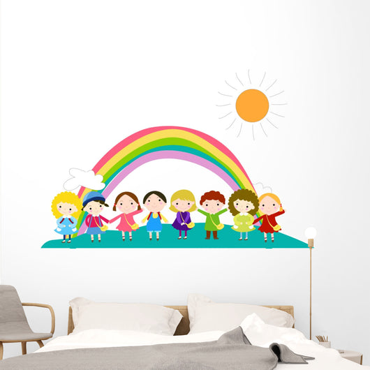 Cartoon Children and Rainbow Wall Mural