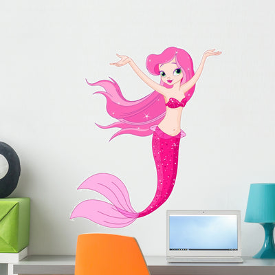 Pink Mermaid Girl Wall Decal shown on a wall