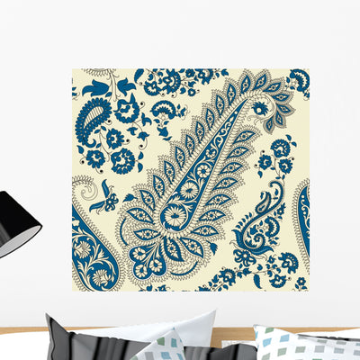 Blue Floral Paisley Wallpaper Tile shown on a wall