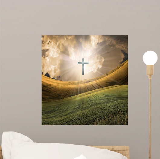 Cross Radiates Light in Sky Wall Mural
