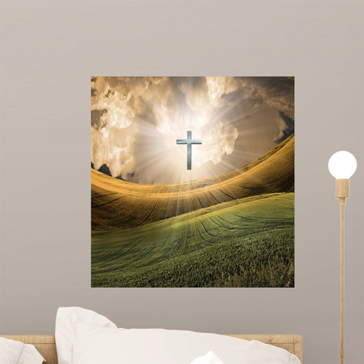 Cross Radiates Light in Sky Wall Mural