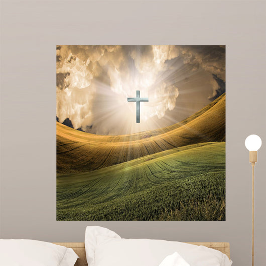 Cross Radiates Light in Sky Wall Mural