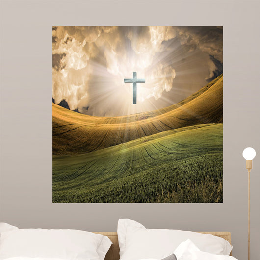 Cross Radiates Light in Sky Wall Mural