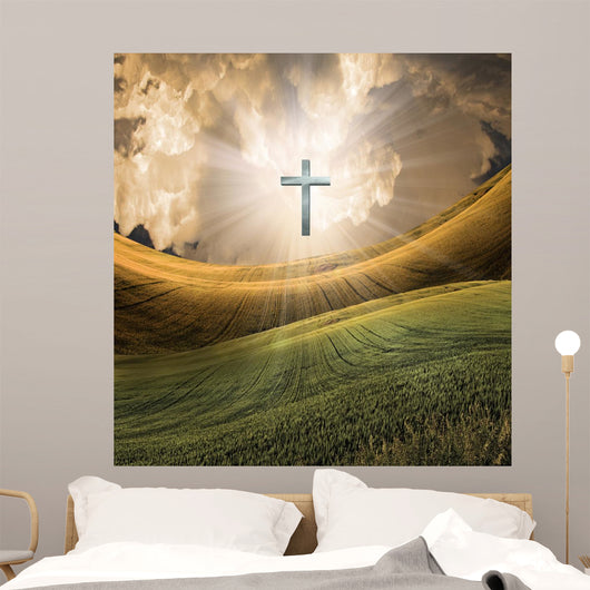Cross Radiates Light in Sky Wall Mural