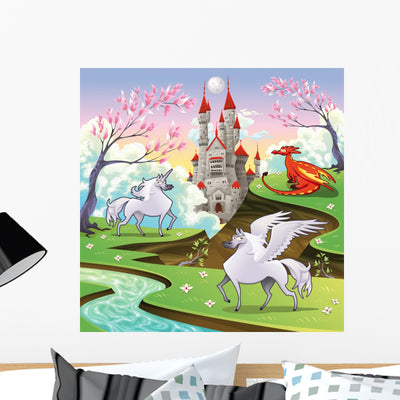 Pegasus Unicorn and Dragon Wall Mural shown on a wall