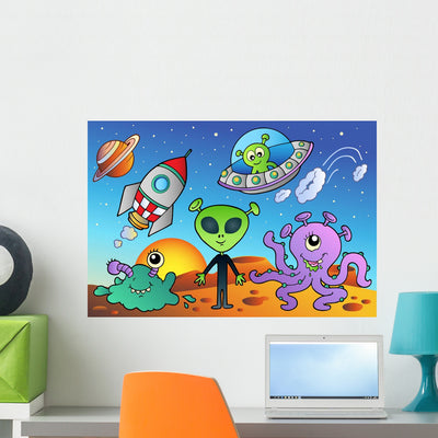 Various Alien and Space Wall Mural shown on a wall