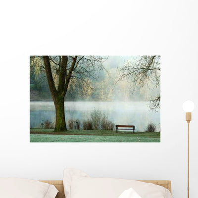 Foggy Deer Lake Wall Decal shown on a wall