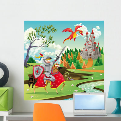 Panorama with Castle Dragon Wall Mural shown on a wall