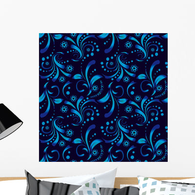 Seamless with Blue Plants Wall Decal shown on a wall