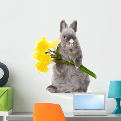 Bunny with Yellow Flowers Wall Decal shown on a wall