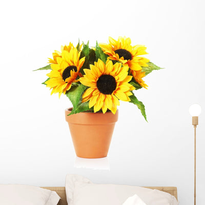 Bright Sunflowers Pot Wall Decal shown on a wall