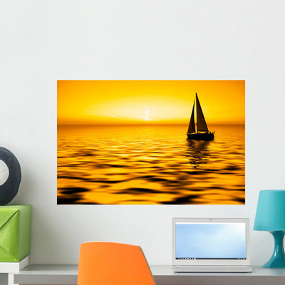 Sailing and Sunset Wall Mural shown on a wall