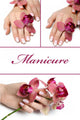 collage.Beautiful hand with perfect manicure and purple orchid f Wall Mural