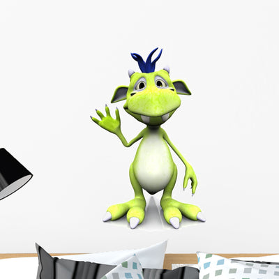 Cute Cartoon Monster Waving Wall Decal shown on a wall